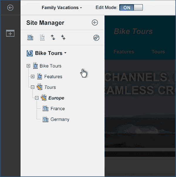 Animated screen capture of the site manager tree view and how to access the context menu for a page. The cursor navigates to the page Europe and selects the context menu icon. The context menu then opens for the page Europe. Finally, an annotation explains that site manager combines the hierarchy of pages and content items in your site with editing options that you can find in the context menu of a page or content item.